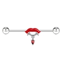 Industrial barbell with red enamel lips and zircon pendant made of surgical steel - Industrial Barbell (Platinum)