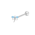 Gros plan d'un piercing de langue libellule en argent avec ailes en émail bleu sur fond blanc - Forme Libellule Bleue (L231115018)