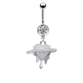 Detail of silver heart-shaped opal navel ring with crystal accents and liquid metal design - Heart Planet Saturn Ring Fluid Style (24011901-7)