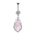 Close-up of heart-shaped belly button ring with pink teardrop crystal and tiny diamonds - Silver Pink Teardrop Gem Dangle (24011901-8)