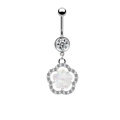 Polished silver navel ring featuring a sparkling zircon flower and opal center stone - Colorful Five Petal Flower Dangle (24011901-9)