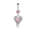 Detail of silver navel ring with pink heart gem and liquid lava style metal frame - Pink Heart Fluid Lava Style (24011901-10)