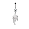 Close-up of heart navel ring with melting liquid metal effect and white pearl detail - White Pearl Liquid Metal Style (24011901-11)