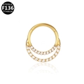 Macro detail of sterile F136 titanium gold hinged ring with double row of clear crystals - Double Row Inlaid Zirconia Style (G23NRS018-G1210107) / 1.2mm Wire / 10mm Inner Diameter / Gold