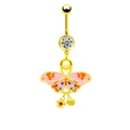 Close-up of golden belly button ring featuring a colorful enamel butterfly and heart pendant - Pink and Orange Enamel Butterfly (BR240109001)