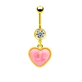 Detailed shot of golden navel ring featuring a sparkling zircon and pink enamel heart charm - Pink Heart (BR240109003)
