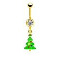 Macro detail of Christmas tree navel ring with gold finish and green enamel pendant - Green Christmas Tree (BR240109004)