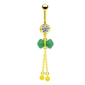 Detail of gold belly ring with green bow pendant and sparkling zircon stone inlay - Green Bowknot (BR240109005)
