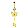 Detail of gold butterfly belly ring with yellow wings, zircon stone, and dangling chains - Yellow Green Translucent Butterfly (BR240109006)