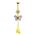 Detailed macro view of golden belly ring featuring blue gradient butterfly and gold tassels - Blue Purple Gradient Butterfly (BR240109007)
