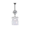 Detail view of heart bow belly ring with silver post and white gemstone accents - Silver White Bowknot Rectangular Gem (24011901-5)