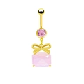 Detail of golden belly ring with pink rectangle gemstone and bowknot charm - Gold Pink Bowknot Rectangular Gem (24011901-6)