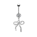 Dettaglio del piercing all'ombelico in argento con fiocco e pietre di zircone lucenti - Stile Fiocco Liscio Argento (24030801-1)