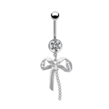 Dettaglio di un piercing all'ombelico in argento con fiocco e cristalli luccicanti - Stile Fiocco con Nappine Argento (24030801-3)