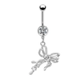 Dettaglio del piercing all'ombelico in argento con pendente a fiocco e zirconi - Stile Fiocco Argento Effetto Metallo Liquido (24030801-5)