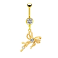 Dettaglio di un piercing all'ombelico a fiocco dorato con zirconi cubici trasparenti - Stile Fiocco Irregolare con Nappine Oro (24030801-6)