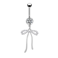 Dettaglio di un piercing all'ombelico in argento con fiocco e nappe in zircone lucido - Stile Fiocco Pendente con Strass Argento (24030801-7)