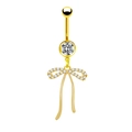 Dettaglio di un piercing all'ombelico dorato con fiocco e pietre di zircone lucide - Stile Fiocco Pavé di Strass Oro (24030801-8)