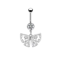 Dettaglio del piercing per ombelico a farfalla argentata con pendente e zirconi cubici - Stile Farfalla Traforata Argento (24030801-15)
