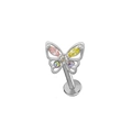 Macro view of butterfly labret stud with colorful zircon stones and flat back piercing base - Silver Multi-color Butterfly (24040902-10)