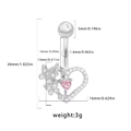 Diagrama de tallas detallado para piercing de ombligo con corazón rosa y mariposa - Corazón Mariposa Plateado Strass Rosa (24052102-7)