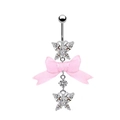 Bauchnabelpiercing mit silbernen Schleifenanhängern und einem rosa Textilschleifendetail - Dreifachherz Doppel Schmetterling Klare Strass Rosa Schleife Stil (24012701-28)