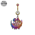 Iridescent 316L surgical steel belly ring with mushroom and moon hollow pendant - Moon Mushroom Style (24052001-1)