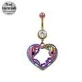 Rainbow surgical steel belly ring featuring a hollow heart skull and gear dangle charm - Steampunk Heart Style (24052001-4)