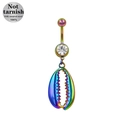 Rainbow plated 316L surgical steel belly ring with hollow shell and zircon stone - Seashell Style (24052001-5)