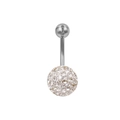 Detail van navelpiercing van roestvrij staal met sprankelende witte kristallen bollen - Shamballa Volle Strass Bol Stijl