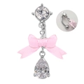 Piercing de ombligo con lazo de tela rosa y circonita con forma de corazón en plata - Lazo Rosa Base Plateada Colgante Gota de Agua