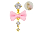 Piercing de ombligo dorado con lazo de seda rosa y circones de corazón - Lazo Rosa Base Dorada Colgante Gota de Agua