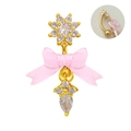 Piercing de ombligo dorado con lazo de seda rosa y colgante de circonita en forma de corazón - Lazo Rosa Base Dorada Flor Colgante Gota de Agua