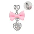 Piercing de ombligo plateado con lazo de seda rosa y colgantes de corazón de circón - Lazo Rosa Base Plateada Corazón Hueco