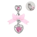 Piercing de ombligo con lazo rosa y corazón de circonita en acero plateado - Lazo Rosa Base Plateada Corazón Circón Rosa
