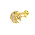 Golden labret stud featuring crescent moon and star pendant with sparkling zircons - Gold Star Moon Enclosed Style