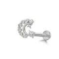 Silver crescent moon and stars labret stud with sparkling cubic zirconia inlay - Silver Pave Moon Star Style (24051102-8)