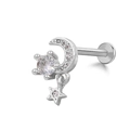 Surgical steel labret stud with dangling star and crescent moon pavé design - Silver Moon Star Round Stone Style (24051102-11)