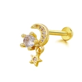 Gold star and crescent moon labret stud with pavé cubic zirconia and star charm - Gold Moon Star Round Stone Style (24051102-12)