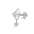 Silver celestial lip stud with planet ring and sparkling star pendant decoration - Silver Saturn with Star Style (24051102-14)