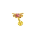 Gold labret stud featuring pink heart-shaped stone and angel wings with micro-pave inlay - Gold Angel Wings Pink Heart (24040902-5)