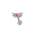 Flat back labret stud with pink heart-shaped stone and silver wing design - Silver Angel Wings Pink Heart (24040902-6)