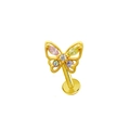 Golden butterfly labret stud featuring colorful zircon gemstones on white background - Gold Multi-color Butterfly (24040902-9)