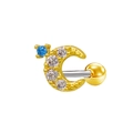 Golden moon-shaped tragus piercing with sparkling white zircons and a blue gemstone - Gold Blue Rhinestone Moon Style (24051301-5)