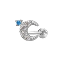 Silver crescent moon cartilage stud with purple zircon and blue gemstone inlay - Silver Blue Rhinestone Moon Style (24051301-6)