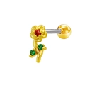 Gold flower piercing stud with red zircon petals and green stone leaves on silver barbell - Gold Red Flower Green Leaf Style (24051301-7)