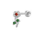 Silver flower cartilage stud with orange gemstone and green leaves on white background - Silver Red Flower Green Leaf Style (24051301-8)