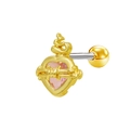 Pink heart zircon ear stud with gold barbed wire and flame detail on white background - Gold Pink Rhinestone Thorn Heart Style (24051301-16)