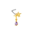 Close-up of L-shaped nose stud with gold stars and hanging purple teardrop zircon - Double Star Purple Water Drop Pendant Style (24081003-5)