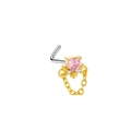 L-shaped nose stud with pink heart zircon and hanging gold chain dangle charm - Pink Heart Gem Hanging Chain Style (24081003-7)